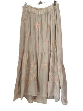 Johnny Was Workshop Maio Beige Embroidered Hi Lo Maxi Prairie Skirt Medium $250